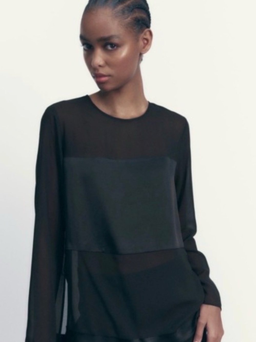 Zara Black Sheer Panel Long-Sleeve Women's Top